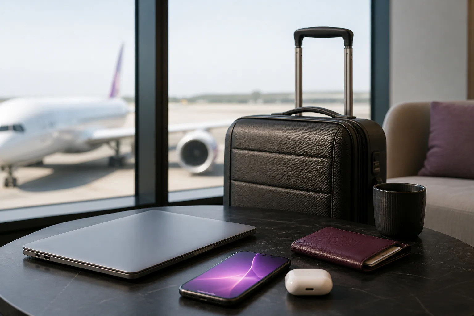 A phone, laptop, and luggage prepared for business travel at an airport
