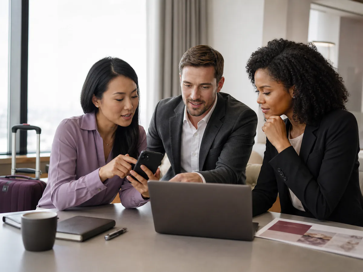 A business team planning international travel together