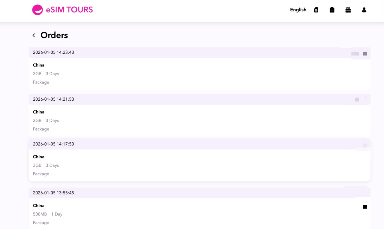 eSIM Tours My Orders page showing order details and order status