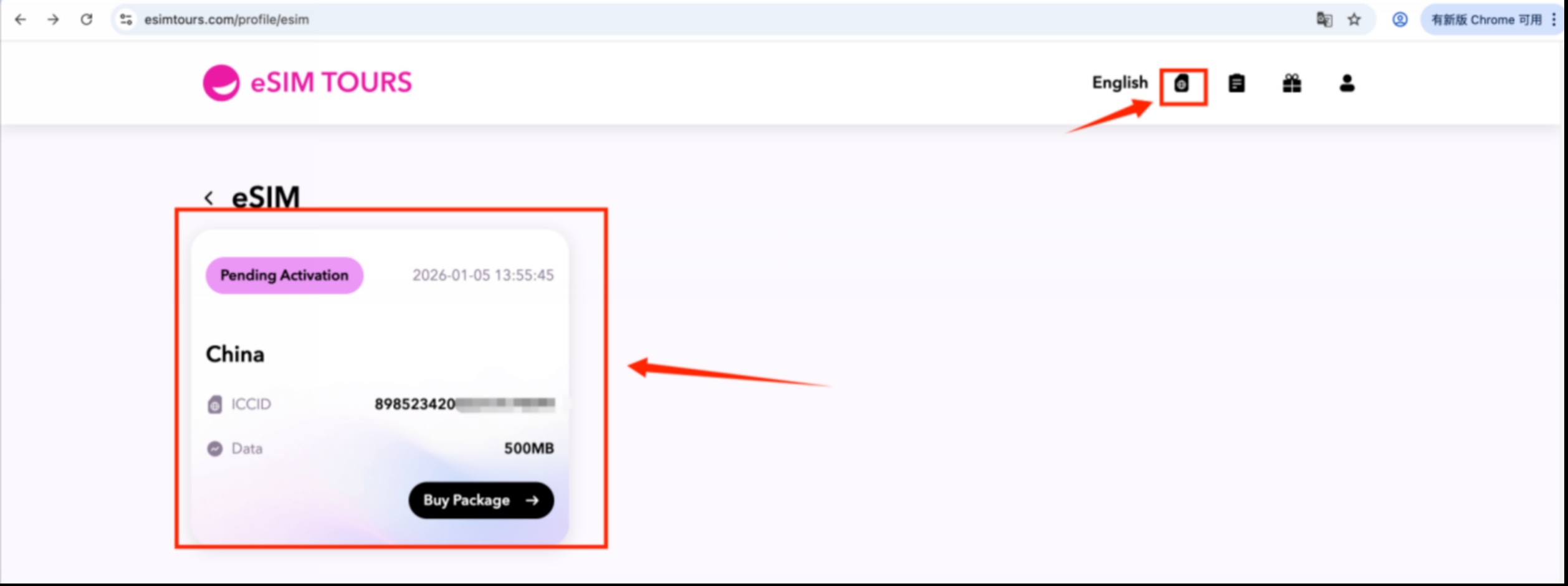 eSIM Tours plan details page showing activatable plan information
