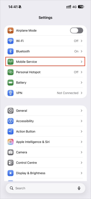 iPhone Settings page, navigate to Mobile Service option