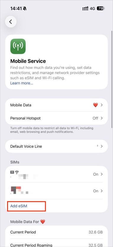 Mobile Service page, click Add eSIM option