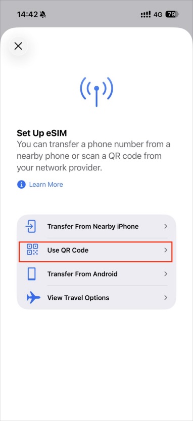 Add eSIM page, select Use QR Code method