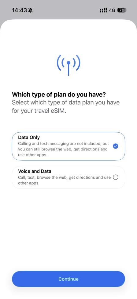 Select cellular plan type, choose Data Only option