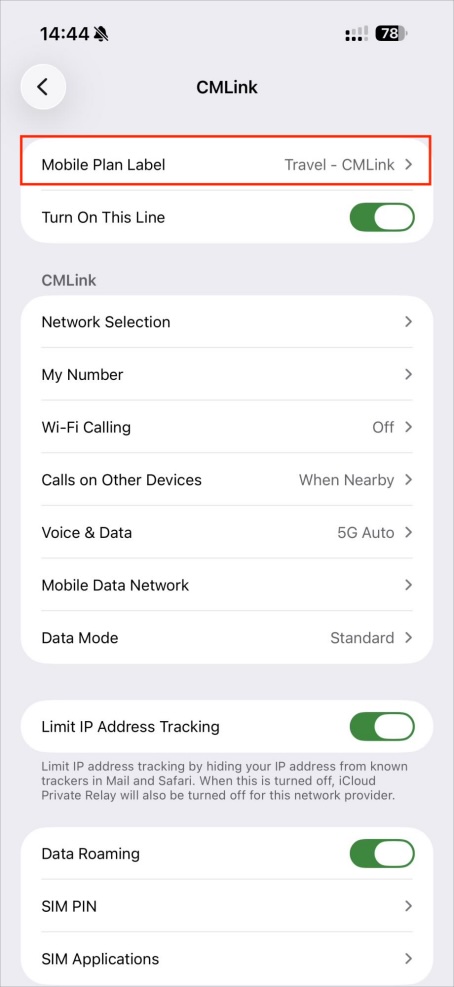 Customize eSIM label name, enable Data Roaming switch
