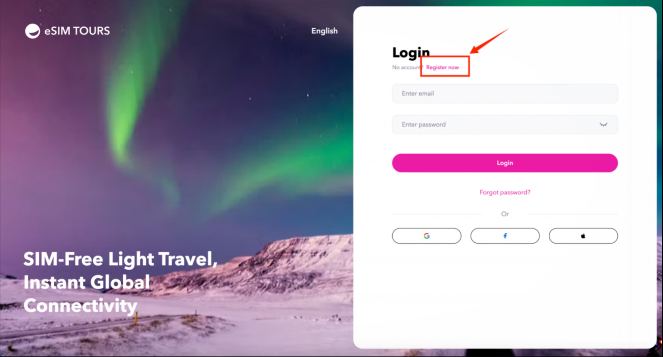 eSIM Tours registration page Register Now link location