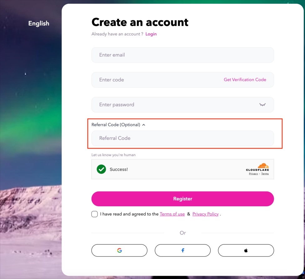 eSIM Tours email registration form with email, verification code, password and referral code input fields