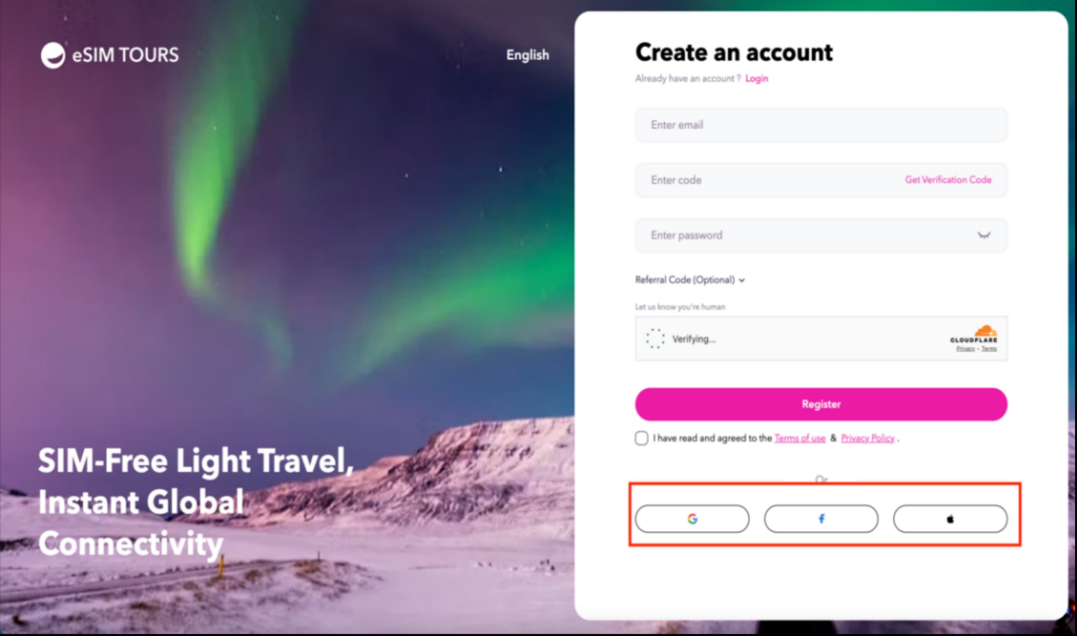 eSIM Tours social account registration options showing Google, Facebook, and Apple login icons