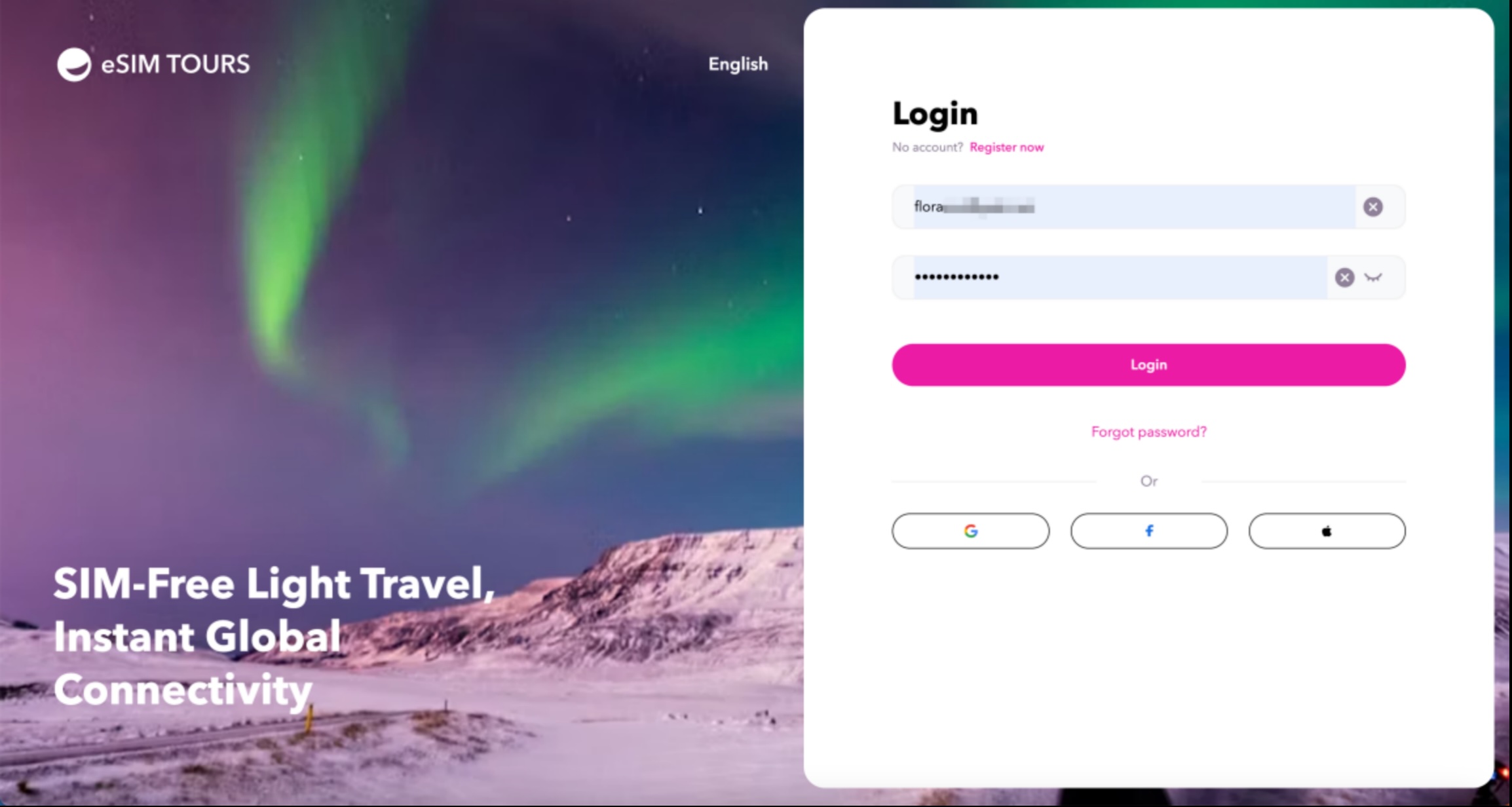eSIM Tours email and password login interface with input fields
