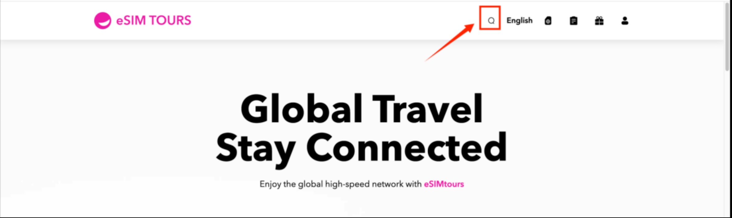 eSIM Tours homepage search icon magnifying glass button location