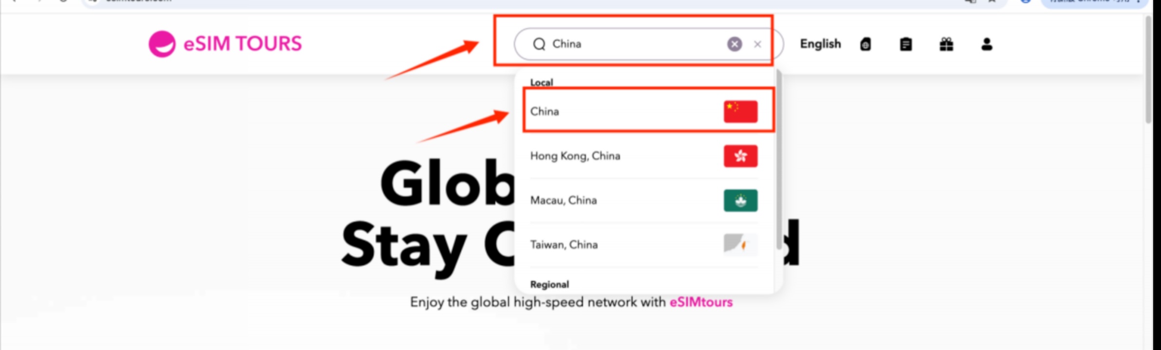 eSIM Tours destination search input box and destination selection dropdown list