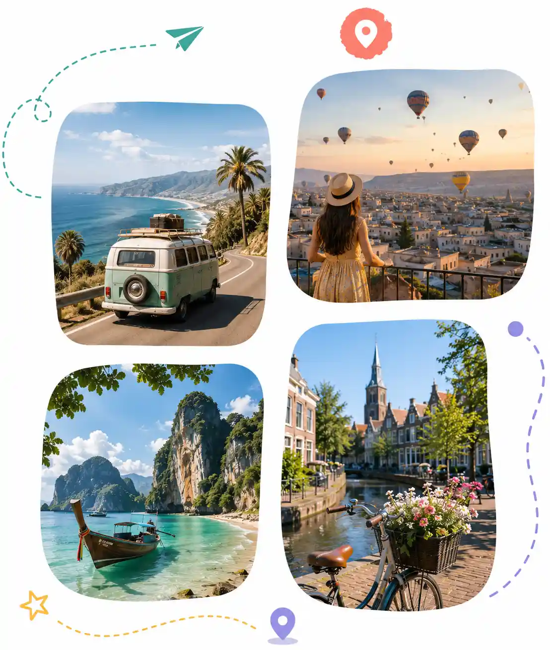 Travel destination collage with road trip, hot air balloons, beach and canal scenes